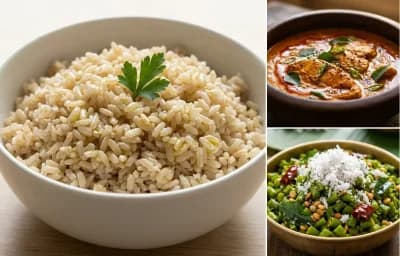 Steamed Brown Rice with Fish Curry and Beans Poriyal