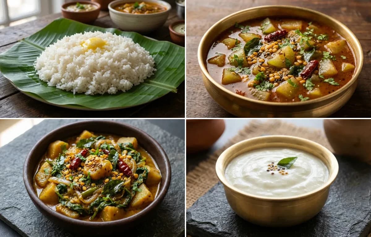 Steamed Rice, Sorakaya Pulusu, Kanda Bachali Kura and Perugu