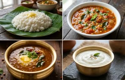 Steamed Rice with Tomato Kura, Ulava Charu and Perugu