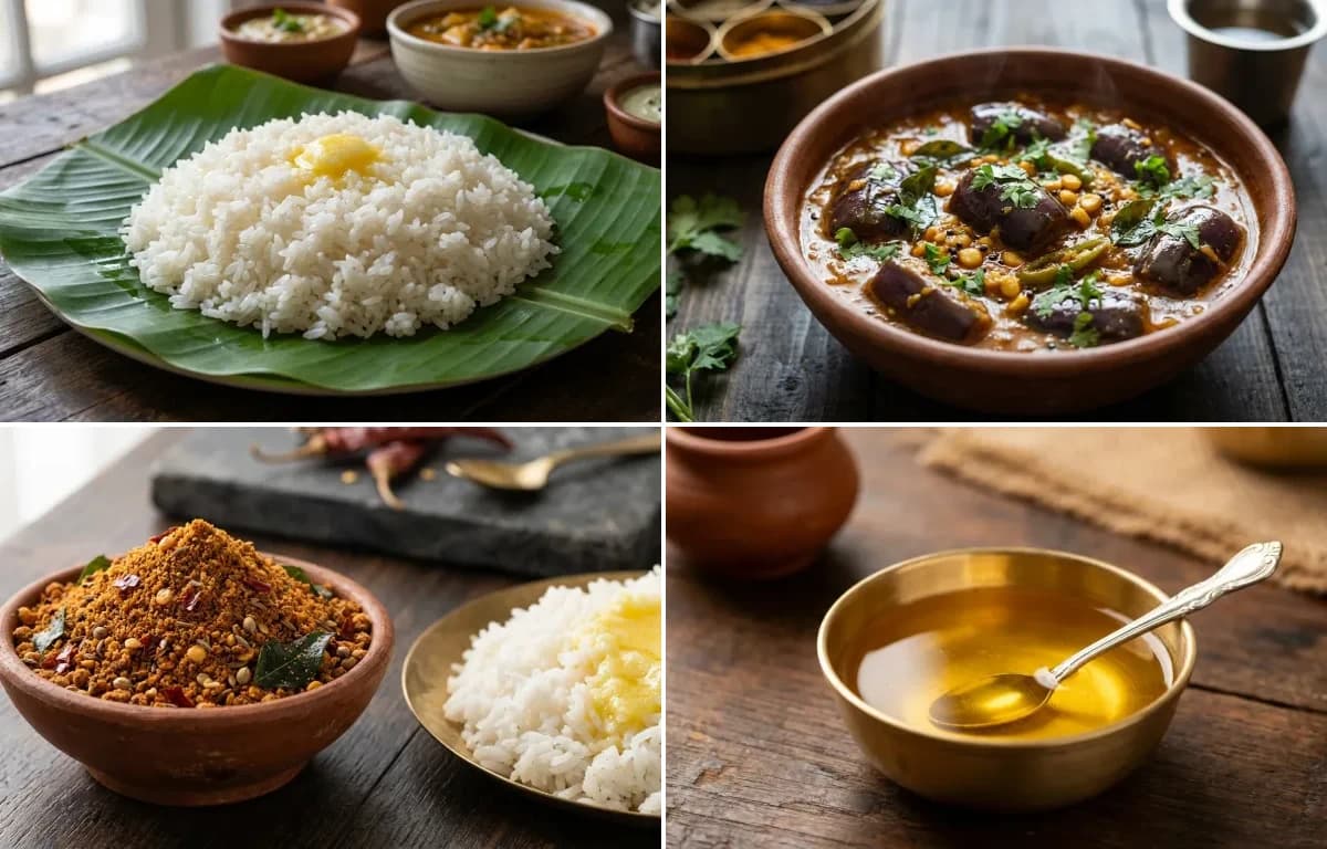 Steamed Rice, Vankaya Pulusu, Kandi Podi and Ghee