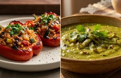 Stuffed Bell Peppers with Green Chile Sauce