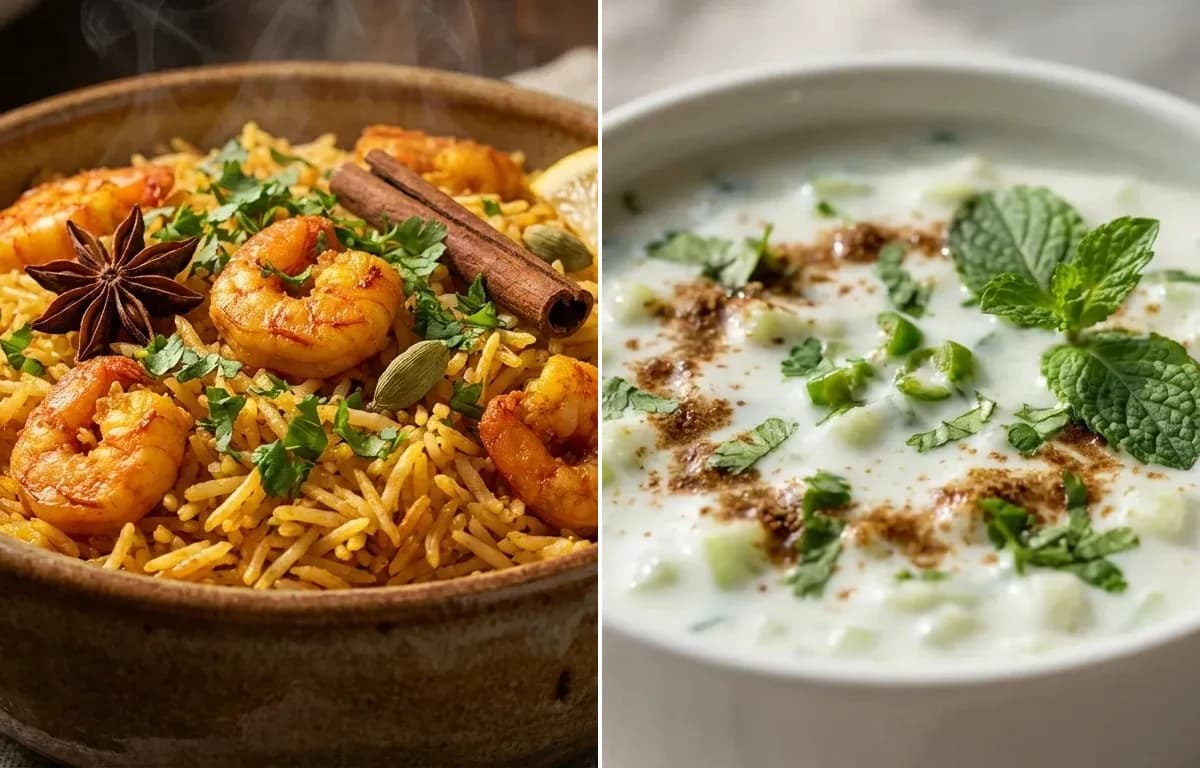 Sungta Pulao with Cucumber Raita