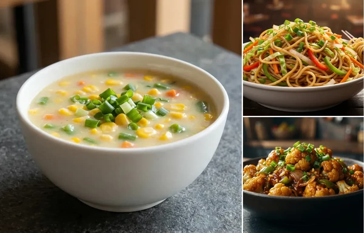 Sweet Corn Soup, Veg Hakka Noodles and Gobi Manchurian Dry