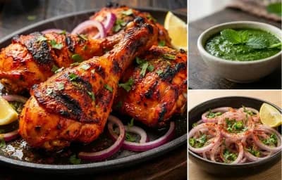 Tandoori Chicken with Mint Chutney and Laccha Onion Salad
