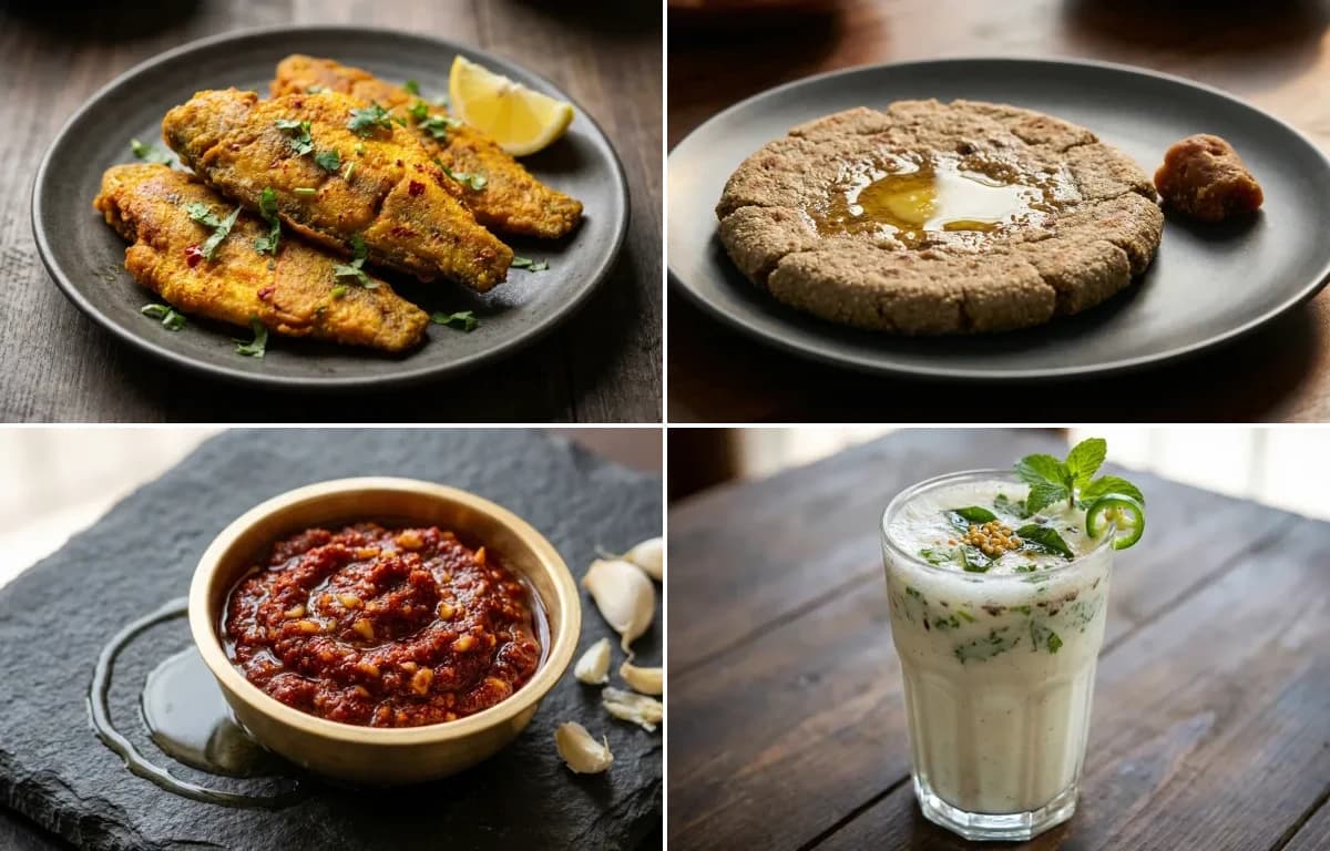 Tarela Machhi, Bajra Rotla, Lasan ni Chutney and Masala Chaas