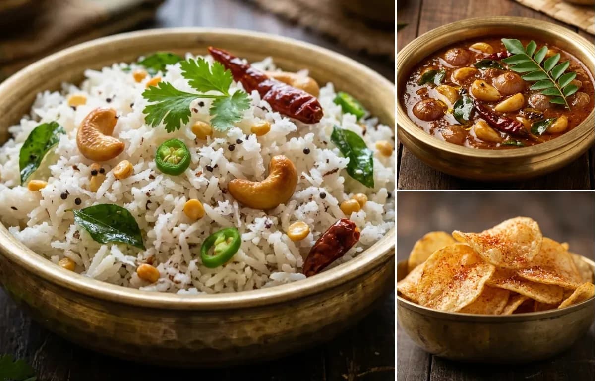 Thengai Sadam, Poondu Kuzhambu and Potato Chips