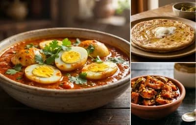 Tomato Egg Curry with Paratha and Mango Pickle