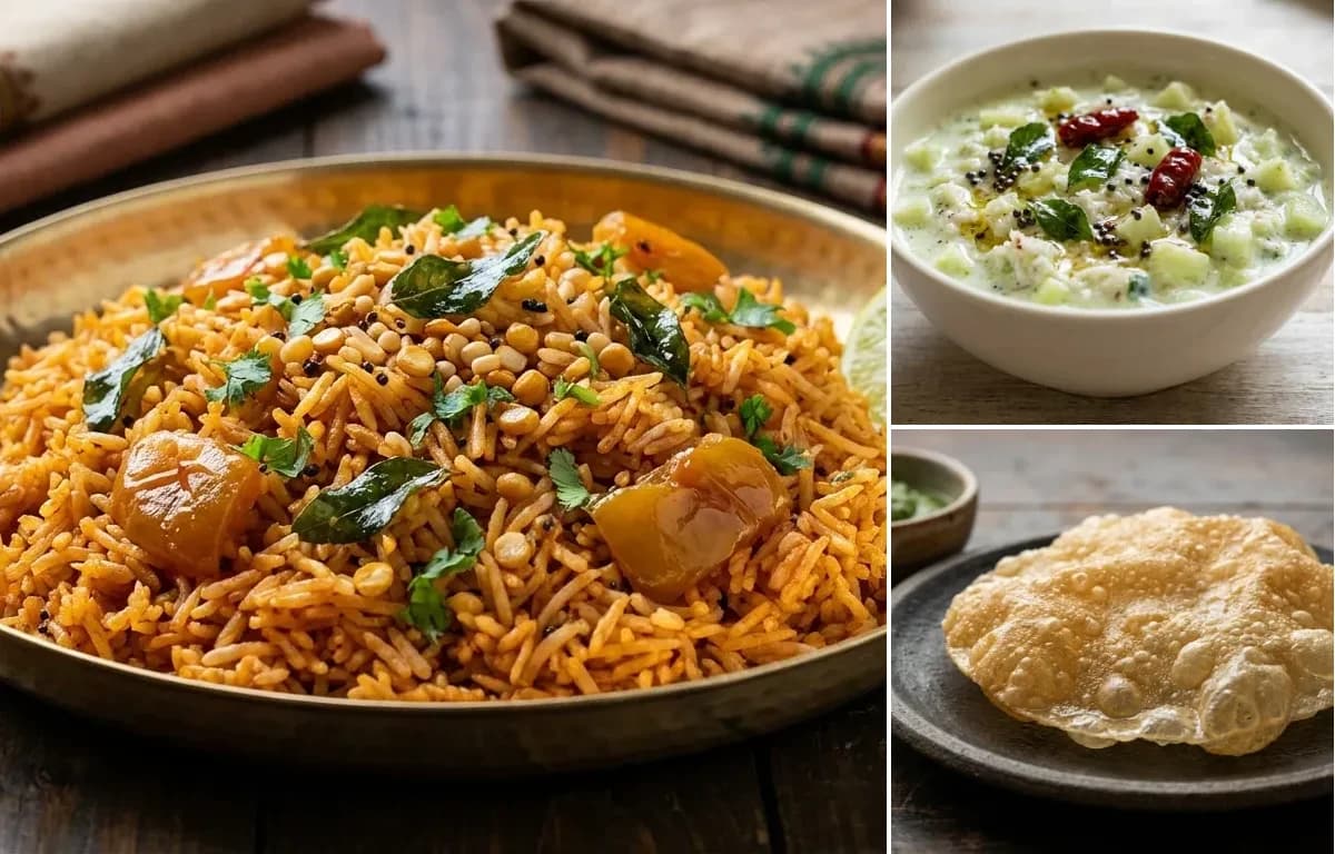 Tomato Rice, Cucumber Pachadi and Appalam
