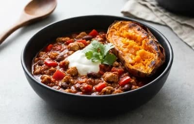 Turkey Chili over Baked Sweet Potato High Protein