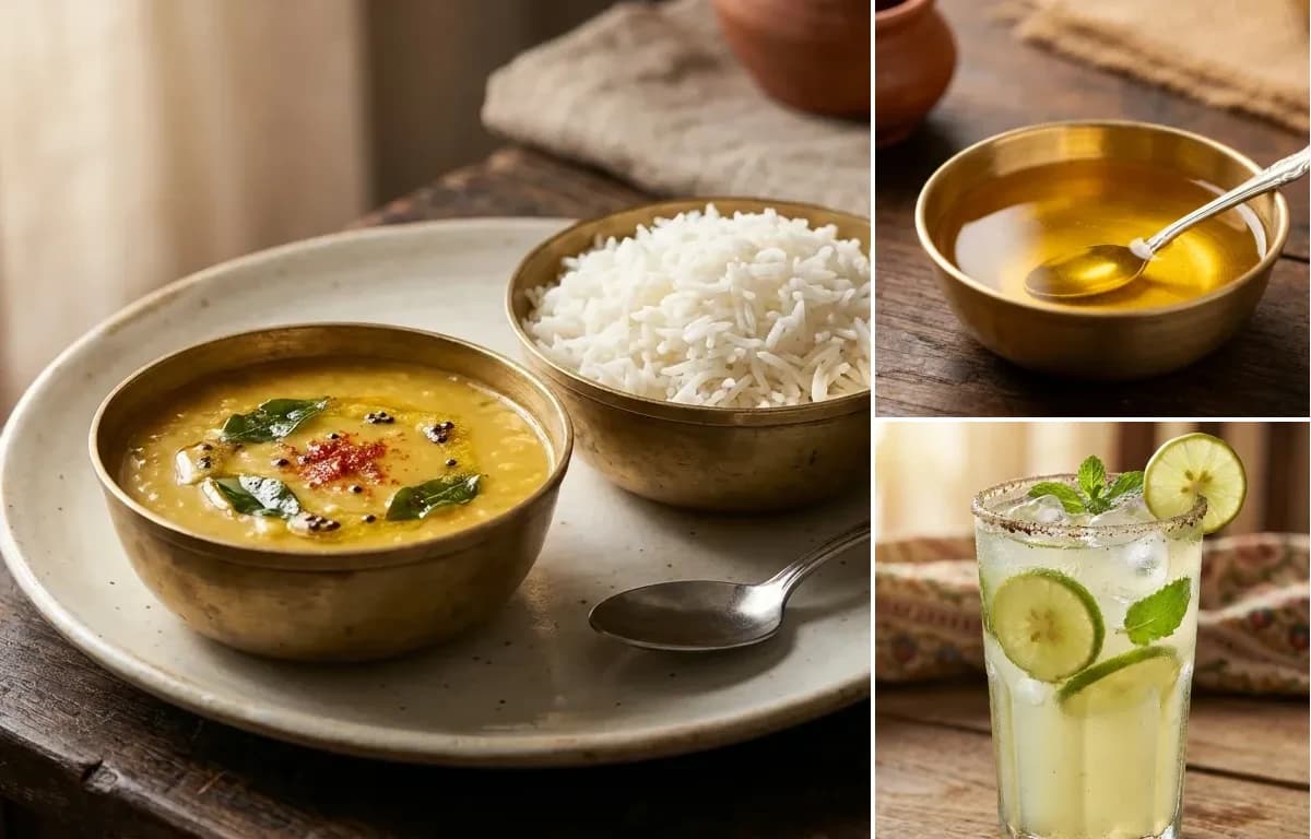 Varan Bhat, Ghee and Nimbu Pani