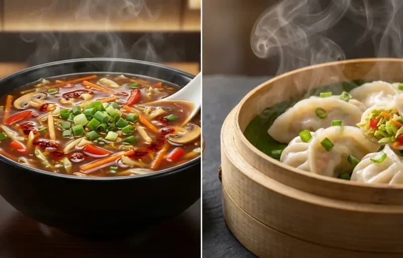 Veg Hot and Sour Soup with Veg Momos