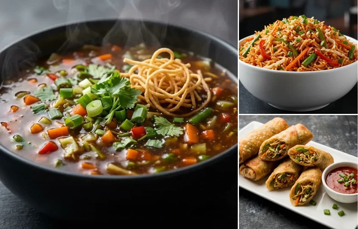 Veg Manchow Soup, Schezwan Fried Rice and Spring Rolls