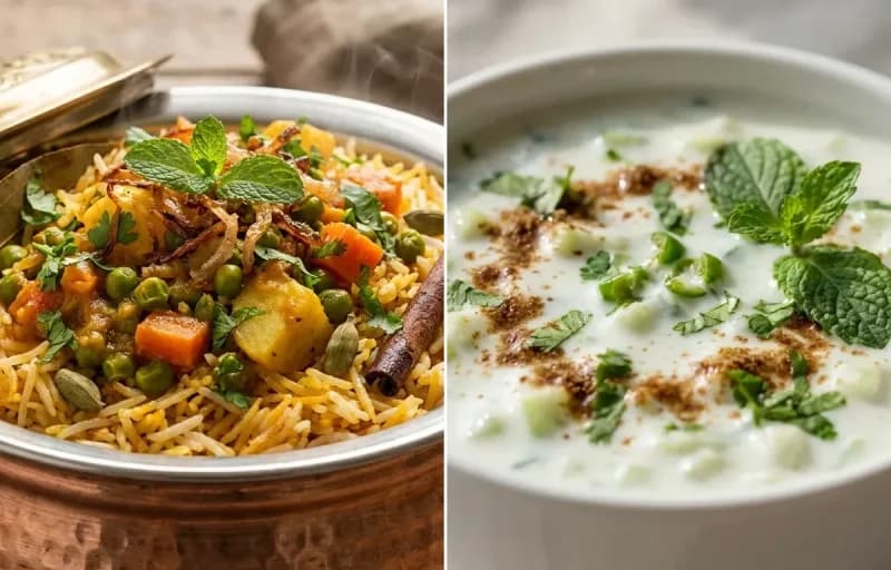 Vegetable Biryani with Cucumber Raita