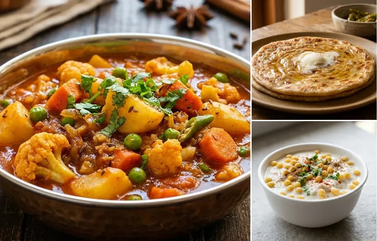 Vegetable Sabzi, Paratha and Boondi Raita
