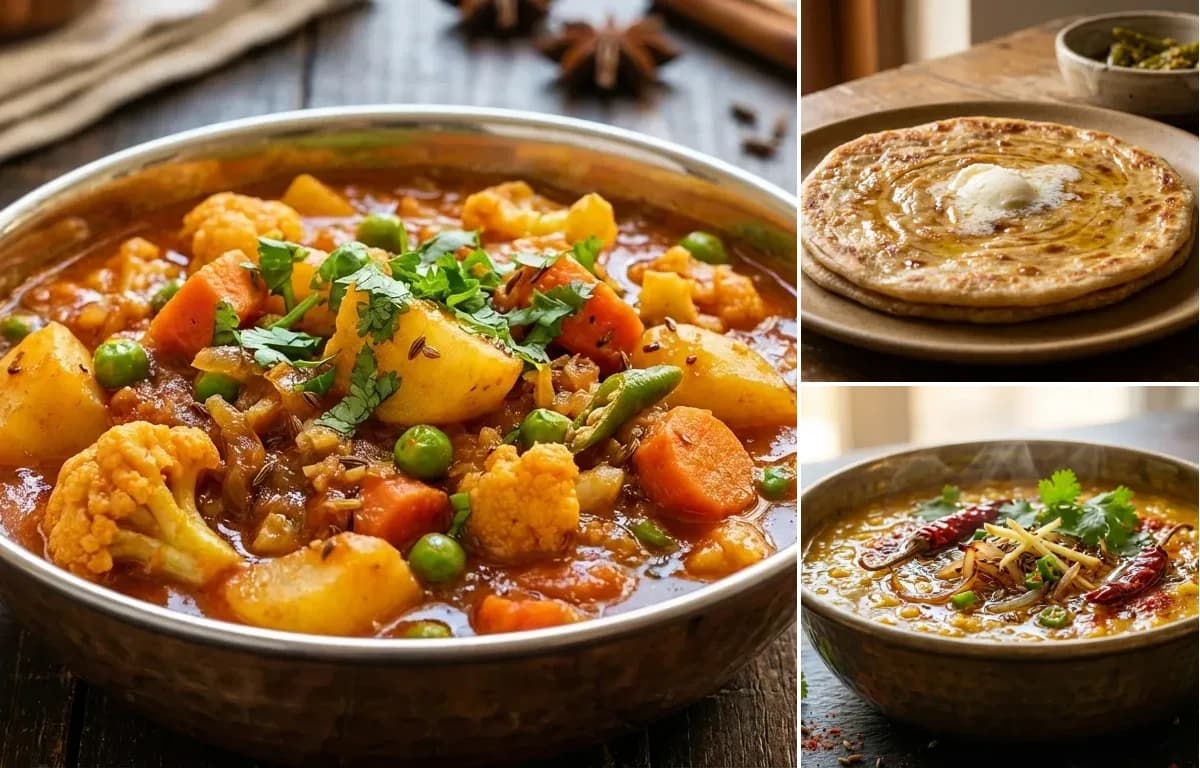 Vegetable Sabzi, Paratha and Dal Tadka