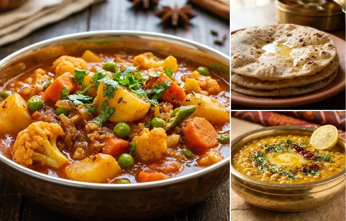 Vegetable Sabzi, Roti and Dal Panchmel