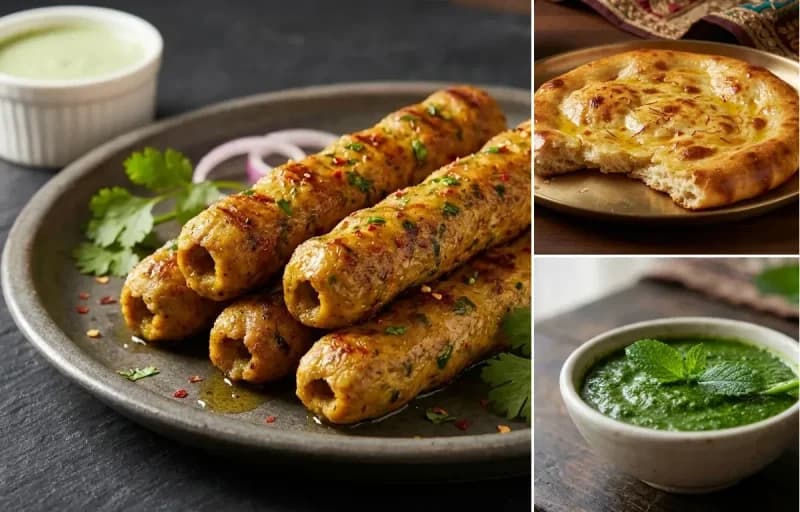 Vegetable Seekh Kebab, Sheermal and Mint Chutney