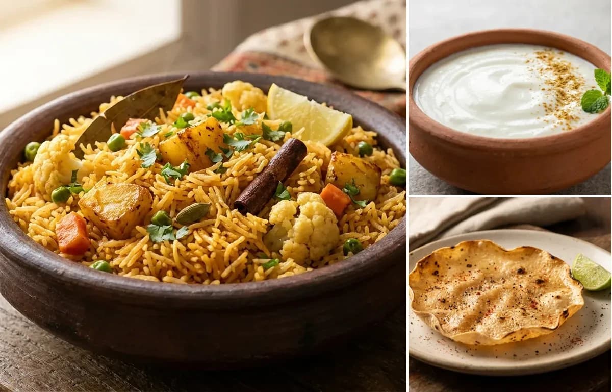 Vegetable Tahari, Dahi and Roasted Papad