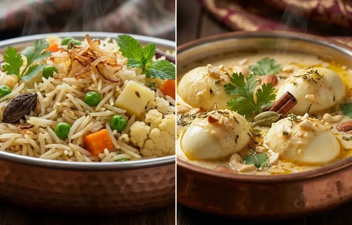 Vegetable Yakhni Pulao with Egg Korma