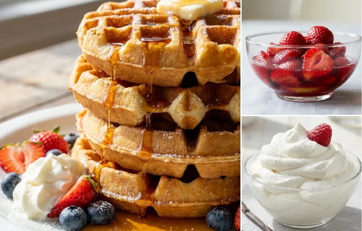 Waffles, Macerated Strawberries and Whipped Cream