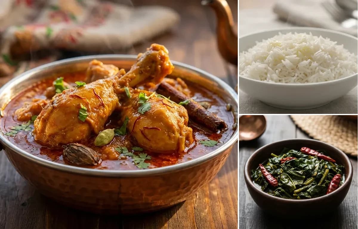 Waza Kokur, Steamed Basmati Rice and Haak Saag