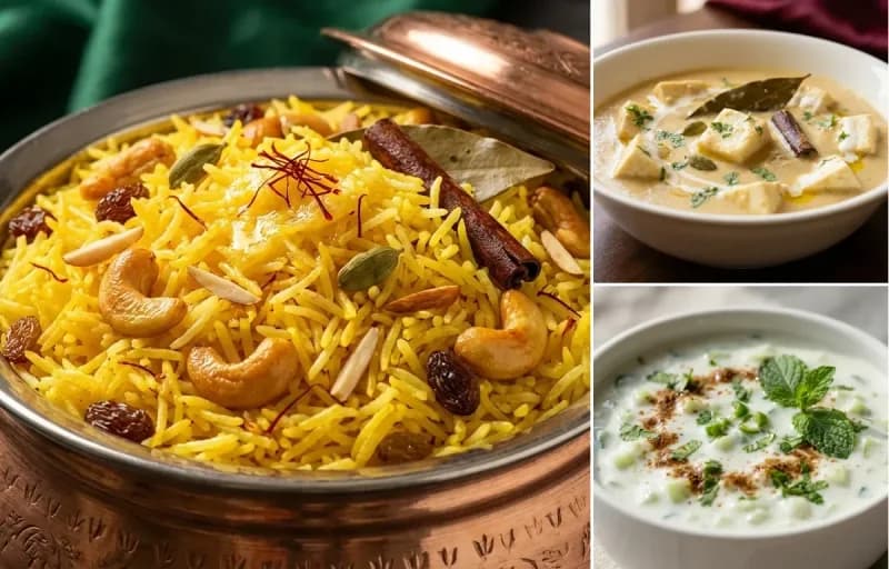 Zaffrani Pulao, Paneer Korma and Cucumber Raita