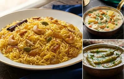 Zafrani Pulao with Navratan Korma and Mirchi ka Salan