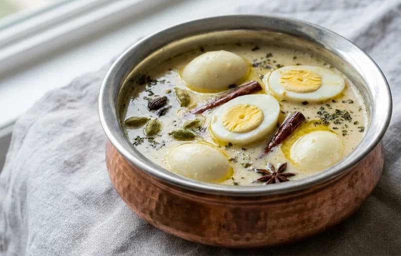 Anda Yakhni, Steamed Basmati Rice and Haak Saag - Recipe 1