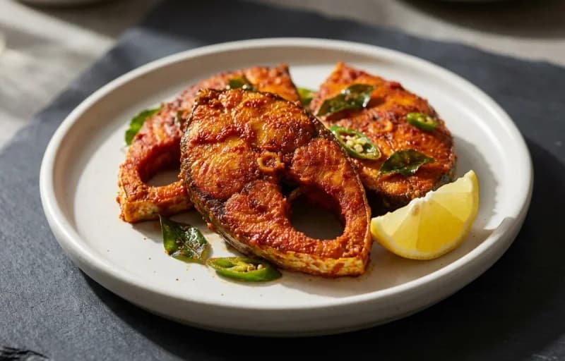 Andhra Fish Fry, Steamed Basmati Rice and Tomato Rasam - Recipe 1