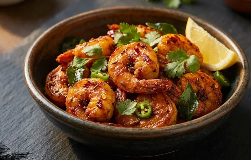 Andhra Prawn Fry, Steamed Rice and Pappu Pulusu - Recipe 1