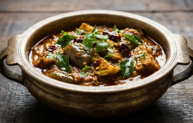 Andhra Vankaya Kura, Steamed Basmati Rice and Anda Bhurji - Recipe 1