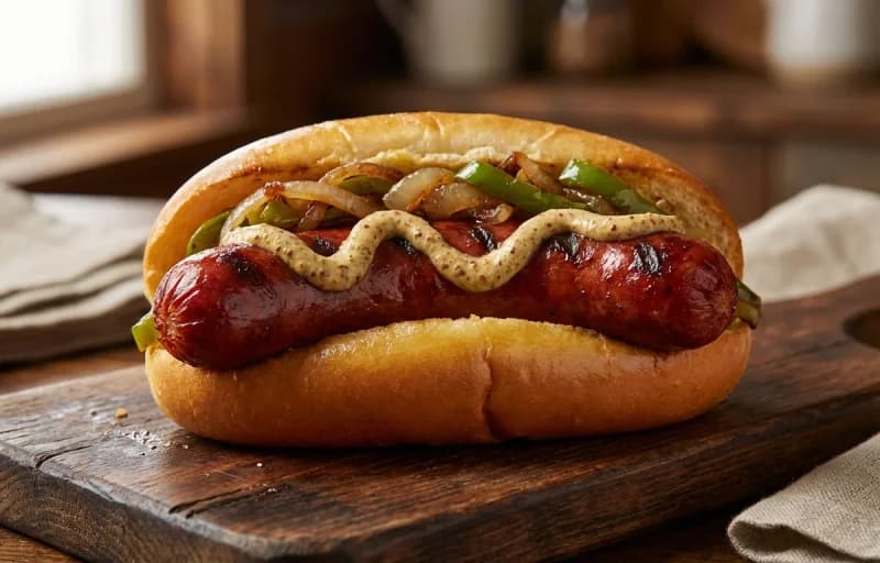 Andouille Sausage Dog, Creole Mustard and Sauteed Onions - Recipe 1
