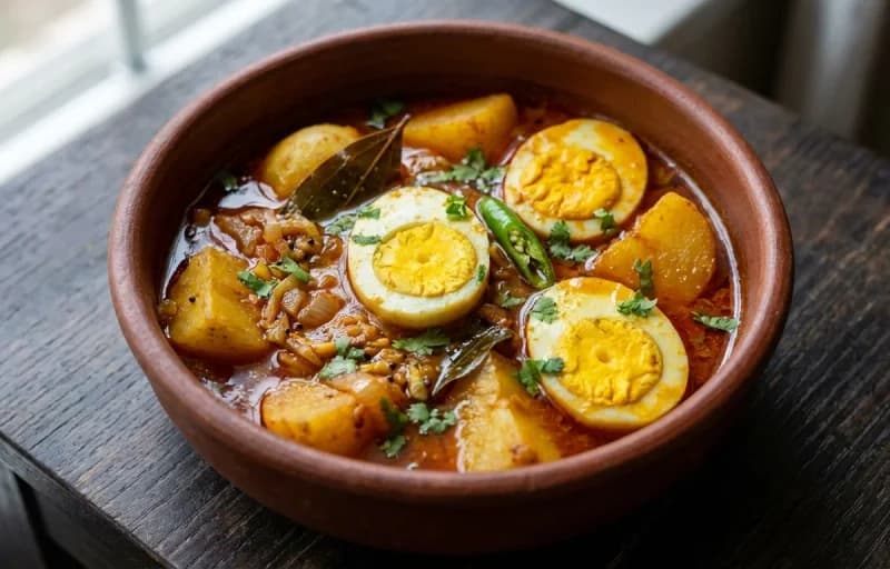 Assamese Egg Curry, Steamed Basmati Rice and Masoor Dal Tadka - Recipe 1