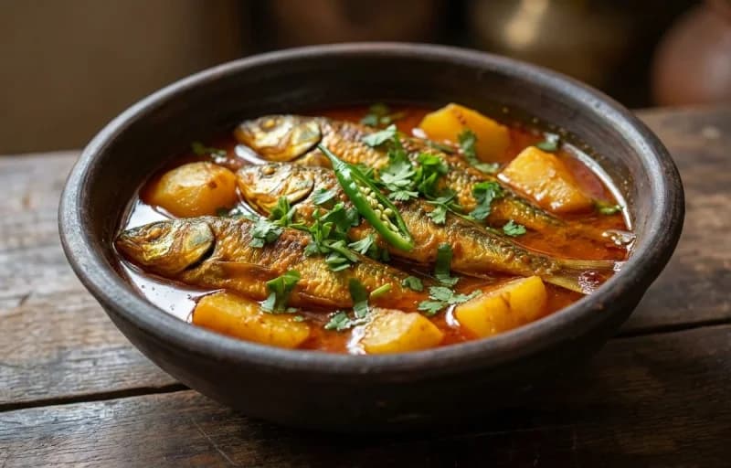 Assamese Small Fish Curry, Steamed Basmati Rice, Dal Tadka and Xaak Bhaji - Recipe 1