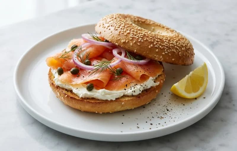 Bagel with Lox and Cream Cheese, Cream Cheese, Tomato Soup, Pickled Red Onions, Chicken Piccata and Filter Coffee - Recipe 1