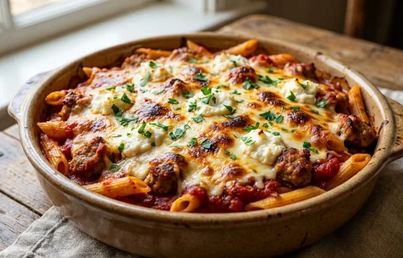 Baked Penne with Sausage with Garlic Bread - Recipe 1