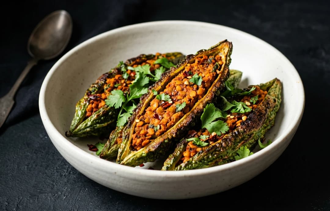 Baked Stuffed Karela with Lentils