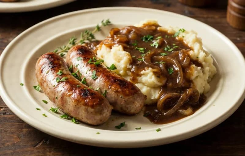 Bangers and Mash with Onion Gravy, Onion Gravy and Buttered Green Peas - Recipe 1