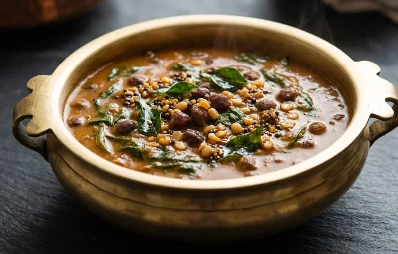 Boiled Rice, Basale Soppu Gassi and Urad Dal Papad - Recipe 2