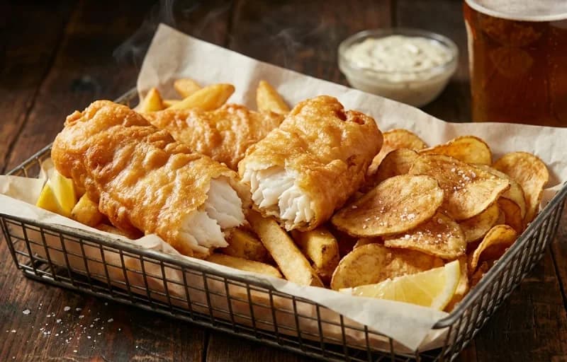 Beer Battered Fish and Chips, Coleslaw and Eggless Tartar Sauce - Recipe 1