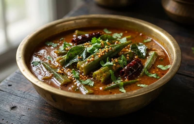 Bendakaya Pulusu, Steamed Basmati Rice and Roasted Papad - Recipe 1