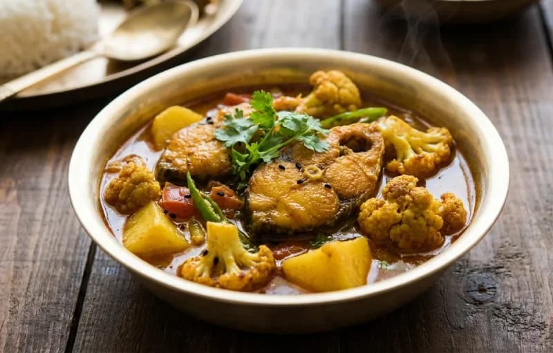 Bengali Fish Curry, Steamed Basmati Rice, Masoor Dal Tadka and Aloo Bhaja - Recipe 1