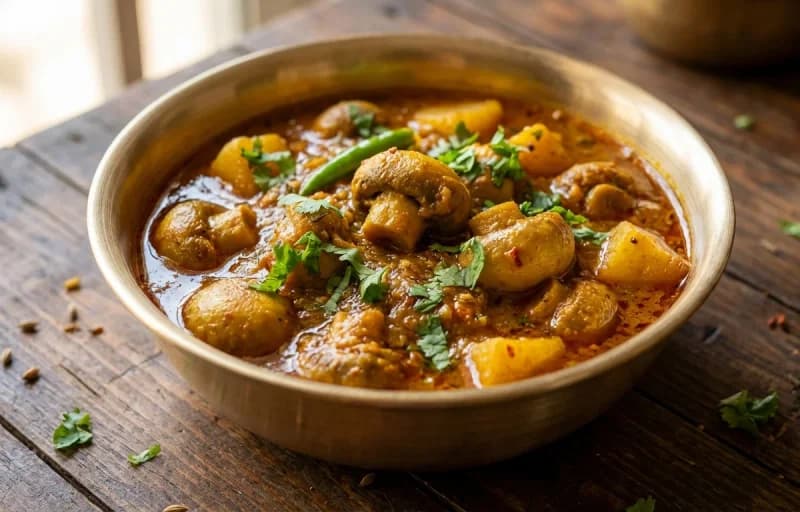 Steamed Basmati Rice, Bengali Mushroom Torkari and Thekera Di Dali - Recipe 2