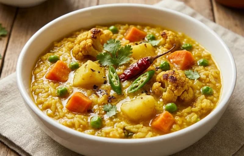 Bengali Sobji Khichuri, Begun Bhaja and Roasted Papad - Recipe 1