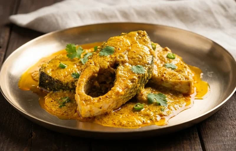 Bhapot Diya Maas, Steamed Basmati Rice, Aloo Pitika and Masoor Dal Tadka - Recipe 1