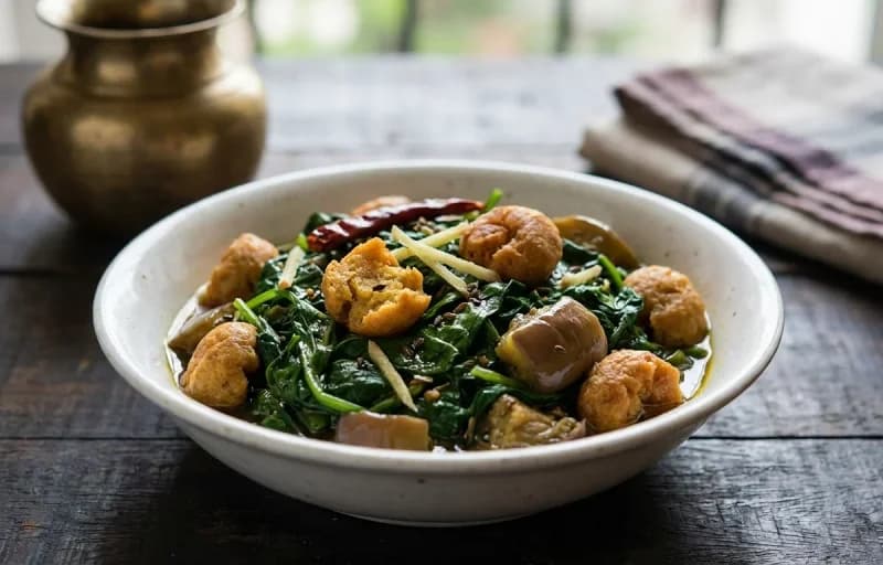 Bori Diye Palong Shaak, Steamed Basmati Rice and Masoor Dal Tadka - Recipe 1