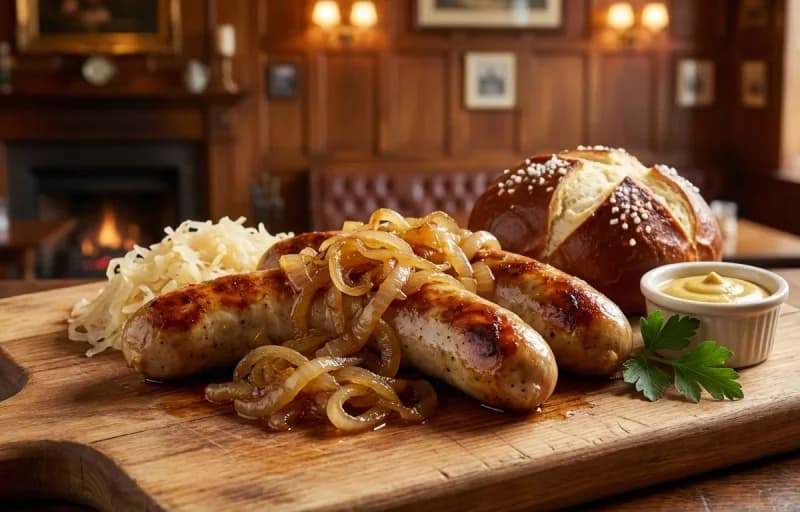 Bratwurst Platter, Sauerkraut, Sweet and Sour Red Cabbage, Spätzle and Yellow Mustard - Recipe 1