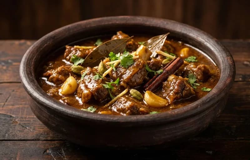 Champaran Mutton, Steamed Basmati Rice, Dal Panchmel and Aloo Bhujia - Recipe 1