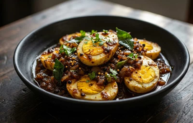 Chettinad Pepper Egg Fry, Vegetable Sambar and Steamed Basmati Rice - Recipe 1