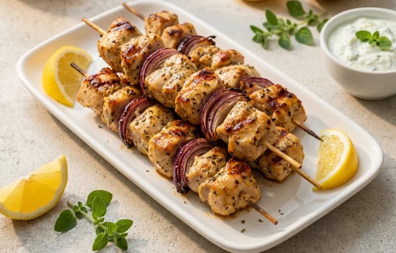 Chicken Souvlaki Skewers, Pita Bread and Cucumber Tzatziki Sauce - Recipe 1